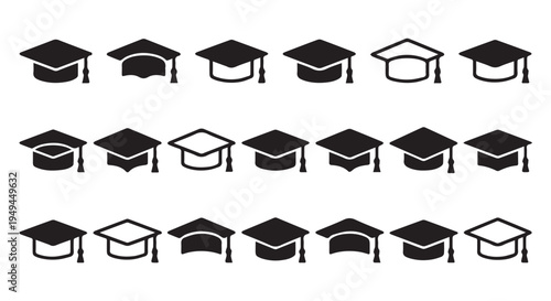 A collection of graduation caps in various styles and colors on a Transparent Background