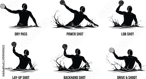 Water polo player silhouette icon set featuring dry pass power shot lob shot lay-up shot backhand shot drive and shoot.