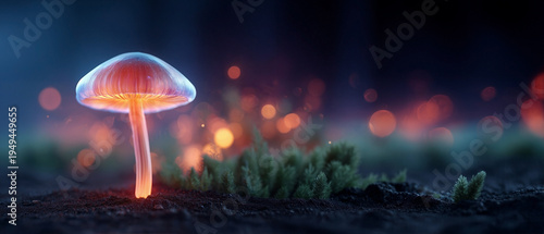 Magical bioluminescent mushroom glowing in a dark forest at night, fantasy mossy ground with orange bokeh lights