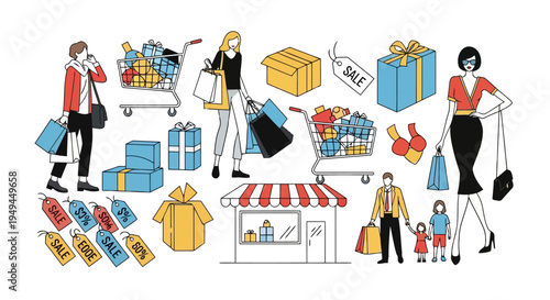 Colorful minimalist vector illustration of people shopping sales and gift items EPS10 Stock.eps