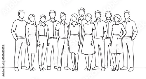 A diverse group of people standing together in a simple line drawing illustration