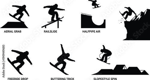 Snowboard silhouette icon set featuring rail slide halfpipe jump carving and extreme freestyle mountain snowboarding tricks for winter sports graphic design.