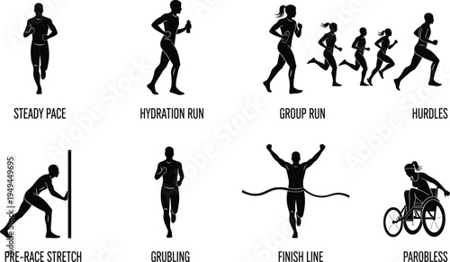 Running silhouette icon set featuring steady pace hydration run group run hurdles pre-race stretch jogging finish line and paralympic athletes.
