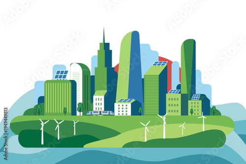 Green Smart City with Solar Panels and Wind Turbines Sustainable Energy Vector Illustration