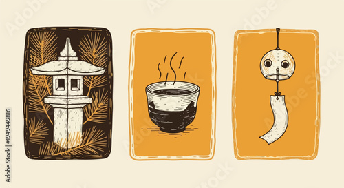 Vintage Japanese Zen Culture Poster with Stone Lantern Tea and Wind Chime