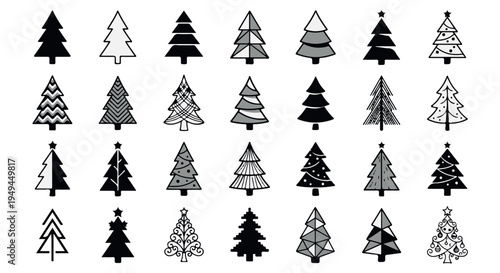 A collection of various black and white Christmas tree icons on a plain background