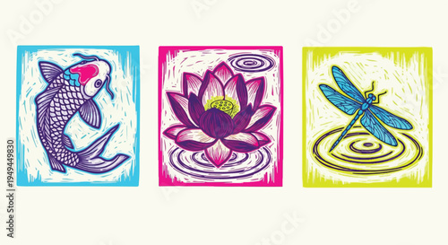 Artistic horizontal banner showcasing three colorful linocut-style panels: a koi fish, a lotus blossom, and a dragonfly. Perfect for summer zen themes, pond life illustrations,