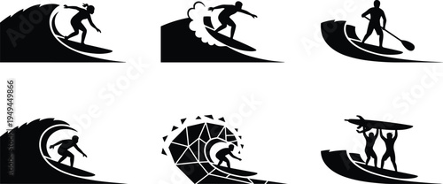 Professional set of surfing silhouettes featuring surfers riding ocean waves with surfboards for summer vacation beach adventure and extreme sports.