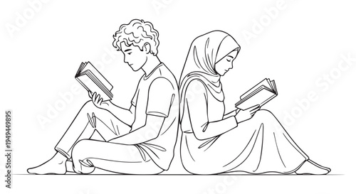 A man and woman sit back to back reading books in a quiet moment of solitude.
