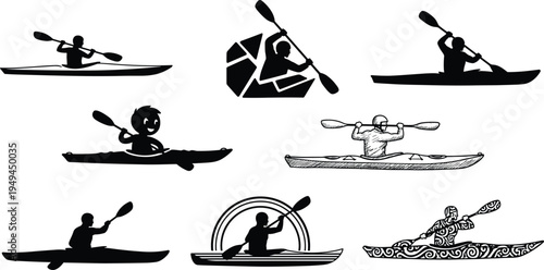 Professional set of kayaking silhouettes featuring oarsmen in kayaks with paddles for outdoor adventure water sports and recreational river activities.