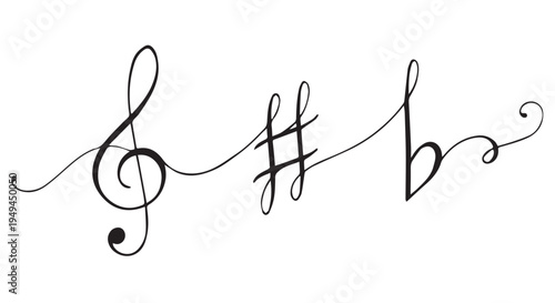 A beautiful musical notation with a treble clef, sharp sign, and flat sign in elegant black calligraphy