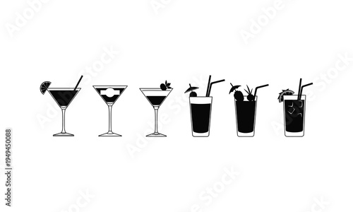 Various stylish cocktails served in different types of glassware with garnishes