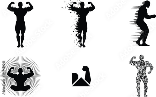 Professional set of bodybuilding silhouettes featuring muscular men flexing biceps for fitness gym workout bodybuilding competition and athletic strength training icons.