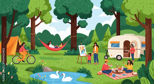 Cheerful flat illustration of people enjoying diverse outdoor camping and summer leisure activities EPS10 Stock.eps