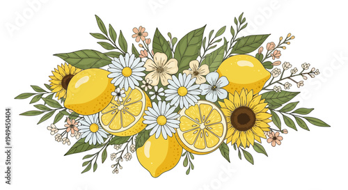 Cheerful hand drawn lemon sunflower and daisy floral arrangement vector EPS10 Stock.eps