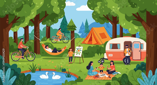 Cheerful digital illustration Families camping cycling and relaxing in a beautiful nature park EPS10 Stock.eps
