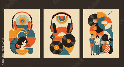 Abstract retro music posters featuring headphones vinyl records and people in geometric style EPS10 Stock.eps