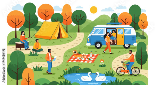 Title Textured flat illustration of people enjoying camping picnicking and outdoor park recre EPS10 Stock.eps