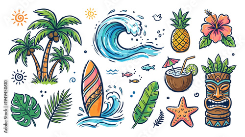 Tropical Beach Vacation Icon Set.