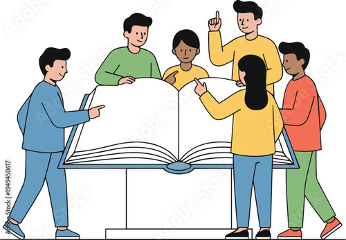 A group of people gathered around a large book
