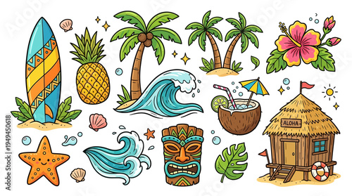 Tropical Beach Vacation Icon Set.