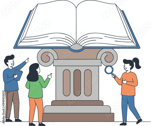 People looking at a giant book on a pedestal