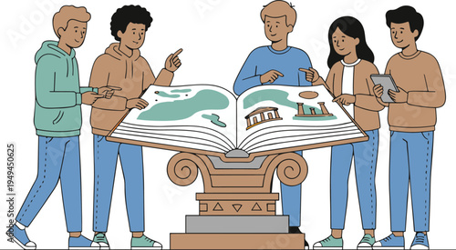 A group of people looking at a large book