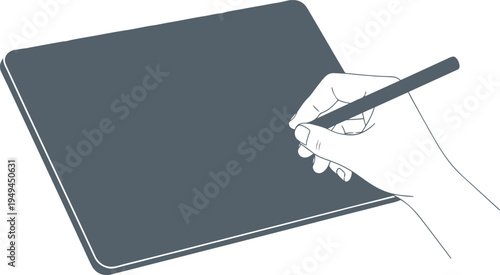 Hand holding stylus drawing on tablet