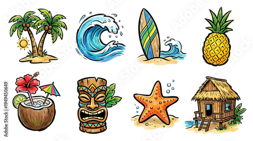 Tropical Beach Vacation Icons.