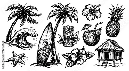Tropical beach vacation icons.