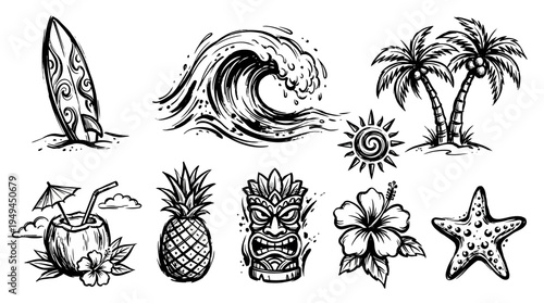Tropical beach vacation icons set.