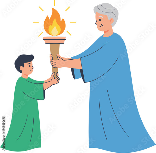 An old man and a young boy passing on a torch
