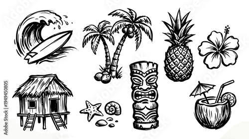Tropical Island Vacation Summer Symbols.