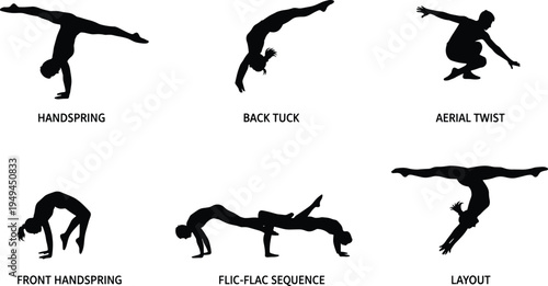Artistic gymnastics silhouette icon set featuring handspring back tuck aerial twist front handspring flic-flac sequence and layout for sports design.