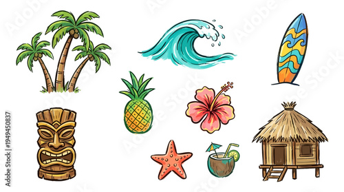 Tropical Island Vacation Symbols.