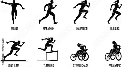 Athletic track and field silhouette icon set featuring sprint marathon hurdles long jump tumbling steeplechase and paralympic athletes for sports design.