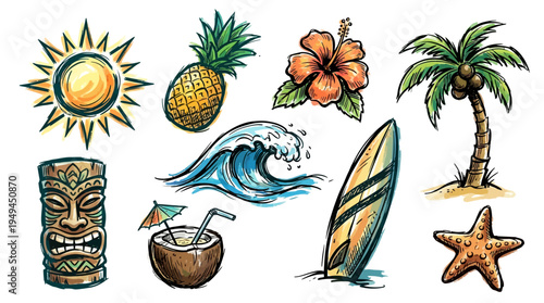 Tropical Vacation Icon Set.
