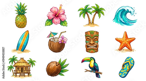 Tropical Vacation Icon Set.