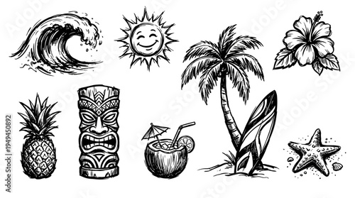 Tropical Vacation Icon Set.