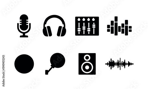 Podcast recording studio: podcast microphone, headphones headset, audio mixer console, sound wave bars, recording button circle, pop filter screen, studio monitor speaker, audio