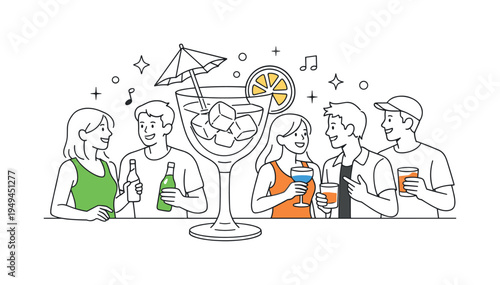 A modern hospitality and nightlife scene where people enjoy drinks while socializing in a relaxed environment, illustrated through a visual metaphor of a cocktail glass, small
