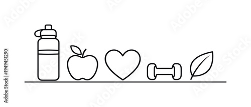 Healthy lifestyle routine and consistent wellness habits supporting balanced daily energy, physical wellbeing, and long term personal health in modern life, water bottle, apple