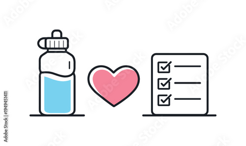 Healthy daily habits and balanced lifestyle routines supporting personal wellbeing, a simple water bottle beside a small heart and a checkmark list forming a clean visual metaphor