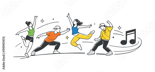 A creative performance concept where dancers practice expressive movements and energetic poses during a rehearsal that highlights rhythm, coordination, and physical expression