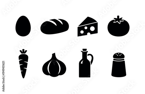 Food and cooking ingredients: whole egg, bread loaf, cheese wedge, tomato, carrot, garlic bulb, olive oil bottle, salt shaker