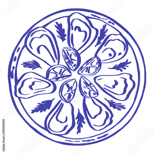 Mediterranean seafood platter illustration in blue outline style, featuring mussels, lemon slices, and herbs arranged on a round plate. Clean culinary element isolated on a light background.