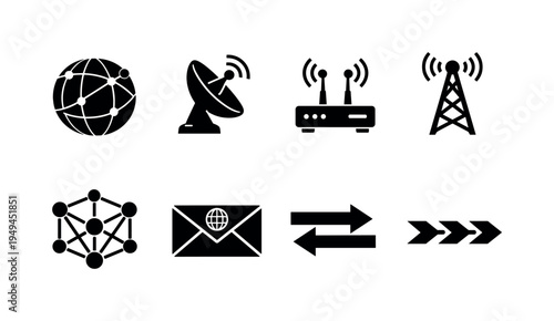 Global communication network: globe with connection lines, satellite dish antenna, wireless router, smartphone signal waves, communication tower mast, connected nodes network