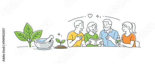 A natural wellness learning scenario where a small group explores traditional herbal knowledge and discusses plant based remedies used in everyday health routines, visual metaphor