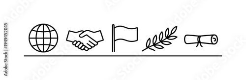 Global political cooperation and international relations supporting diplomatic dialogue and peaceful collaboration between nations and institutions, globe, handshake, flag, olive