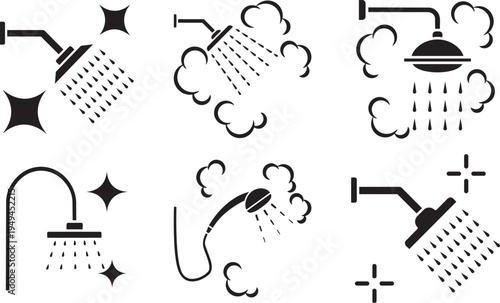 Shower Icons set: A set of six unique shower icons representing different styles and water flow patterns. Perfect for a variety of design and informational uses. 